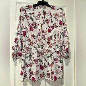 Women's Plus Size Long Sleeve Roll Tab Rose Floral Top By Orange Kiss Sz. 1X GUC